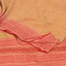 Sanskriti Vintage Saree Beige-Red Pure Crepe Geometric Printed Sari 5 YD Fabric