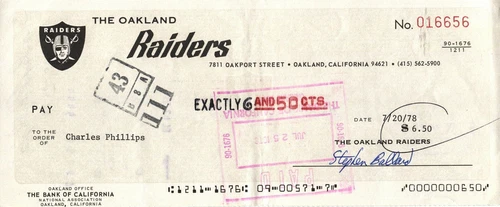 Charles Phillips Signed AUTO 1978 Oakland Raiders payroll Check  Las Vegas LOA