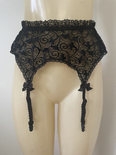 VICTORIA'S SECRET Vintage Gold Label Black Lace Garter Belt Bow Straps Lingerie