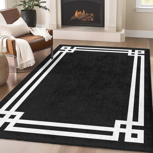 Black Geometric Framed Area Rug-White Double Border Mat-Elegant Livingroom Carpe - Picture 2 of 9
