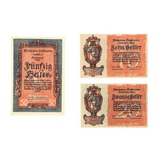 Set of 3 diff. Liechtenstein 10, 20, 50 Heller 1920 P-1, 2, 3 AU-Unc.