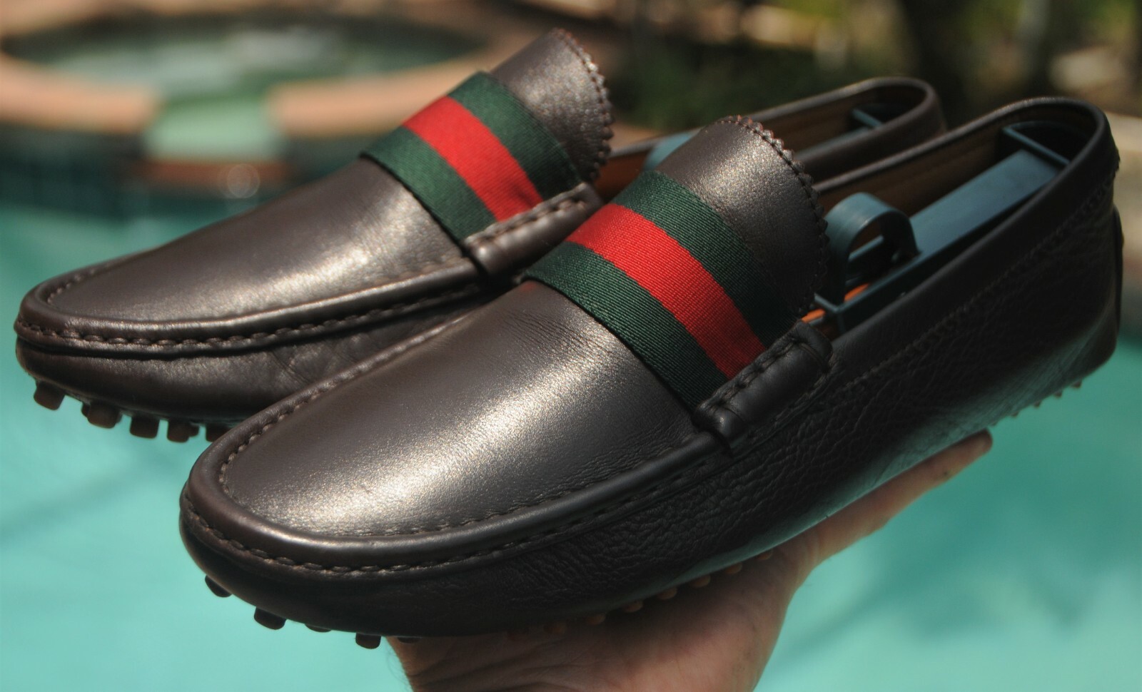 GUCCI man's green red ribbon brown leather Loafers sh… - Gem