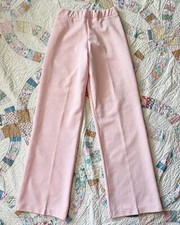 70s Baby Pink Embossed Floral Pattern Poly Flare Pants Deadstock Bellbottoms