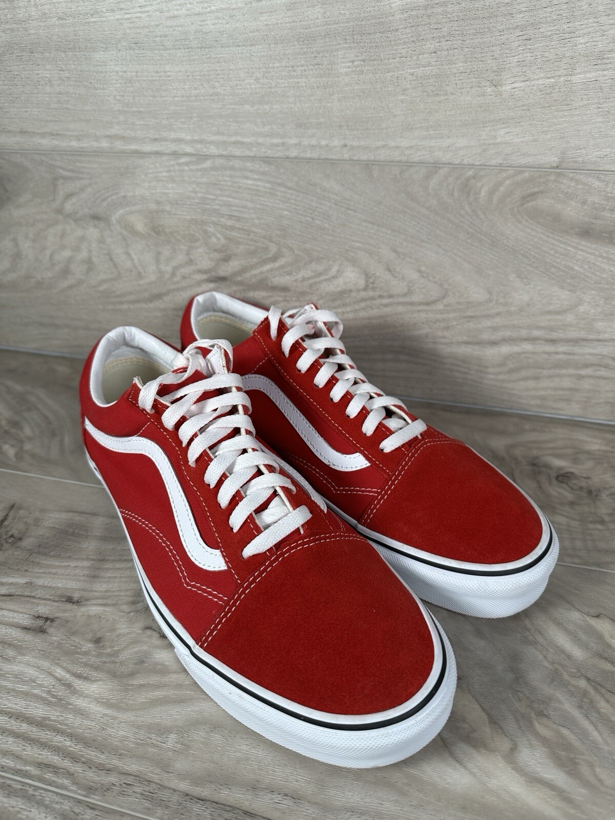 Vans Men's Red White Suede Canvas Old Skool Low-Top Sneakers Shoes