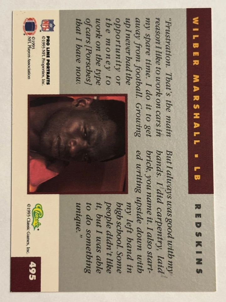 1993 Pro Line Portraits #495 Wilber Marshall Washington Redskins - Image 2 of 2
