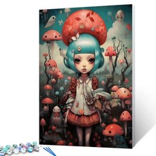 Blue Hair Girl in Mushroom Bush DIY Painting by Number for Beginner Delicate ...
