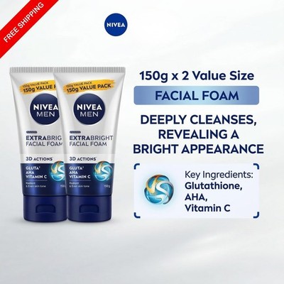 2 x 150g NIVEA Men Extra Bright Facial Foam Face Wash Vitamin C AHA Glutathione