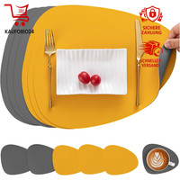 Tischsets Rund Abwaschbar Doppelseitig Rutschfest Kunstleder Grau Gelb 6Er Set