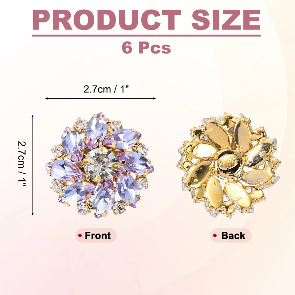 6 PIEZAS Botones de diamantes de imitación de costura de flores de 1 pulgada caña de cristal dorado púrpura claro Foto 2 de 4