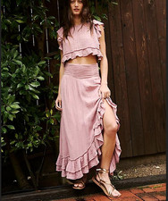 Free People Augusta Maxi Skirt Tiered Ruffle Woodrose Smocked High Rise New S