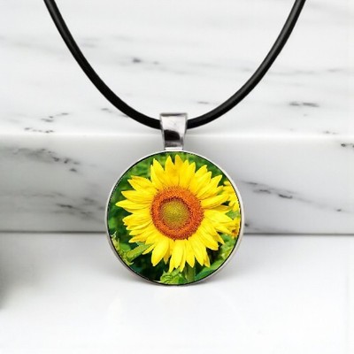 Sunflower Pattern Round Glass Pendant Necklace Rope Chain