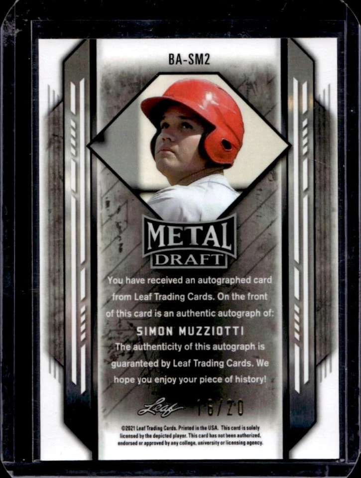 2021 Leaf Metal Draft Simon Muzziotti RC Blue Wave Rookie Auto #/20 - Image 2 of 2