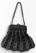 Antique 1920s Beaded Evening Purse Art Deco Black Silver Tone Metal Frame Chain