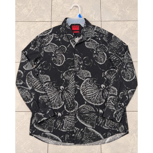 Hugo Boss Mens Casual Fit Mesh Orchid Floral Print Button Down Shirt Black 2X
