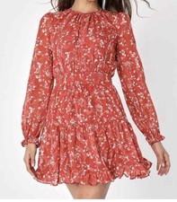LULUS Too Cute Rust Red Floral Print Smocked Long Sleeve Mini Dress. Size XL