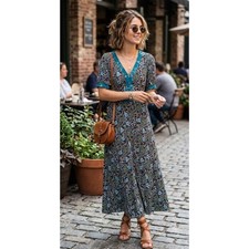 LOFT 2022 V-Neck Paisley Button Tie Waist Midi Dress Women's Size Small