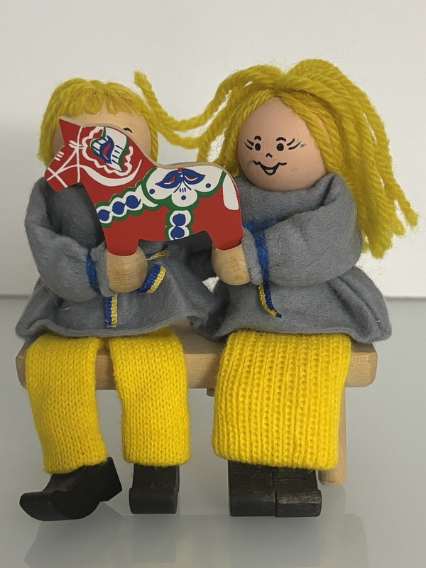 Vintage Ljungström Tomteverkstan Swedish Figurine Couple On Bench With Horse