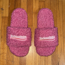 Balenciaga Men's Pink Shearling Fur Slide Slippers Comfort Size 10