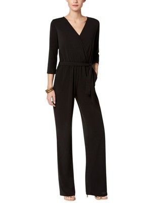 NY Collection Women's Petite 3/4 Sleeve Belted Wide Leg Jumpsuit