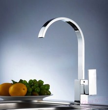 Modern Square Single Hole Chrome Kitchen Sink Faucet Swivel Water Mix Tap Brass