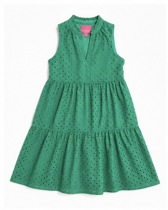 Lilly Pulitzer Girls Green Sleeveless V-Neck Lace Eyelet A-Line Dress XXS