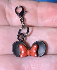 Black Minnie Mouse Ears Red Bowknot Charm Zipper Pull & Keychain Add On Clip!!