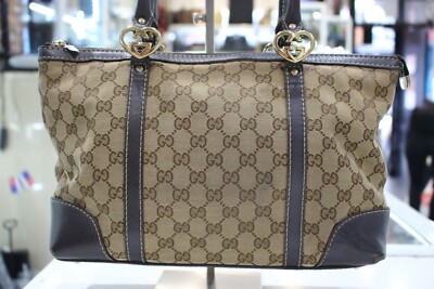 GUCCI GG Canvas Lovely Heart Tote Handbag Leather Khaki Beige Dark