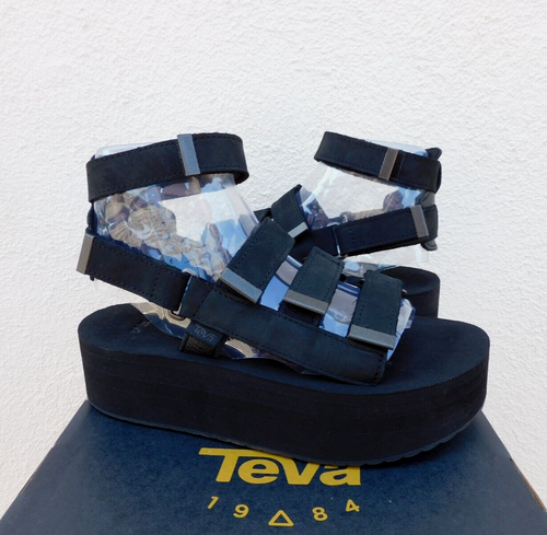Teva schwarze flache Mevia 2" Leder Gladiator Plateau Sandalen, US 6/37 ~ NEU