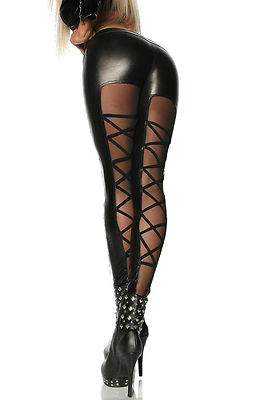 Sexy Leggings Wetlook Leder Vinyl schwarz transparent Schnürer hinten Saresia 