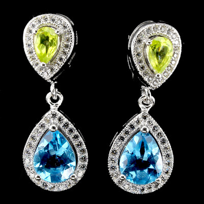 GLORIOUS PEAR 9x7mm TOP SWISS BLUE TOPAZ,GREEN PERIDOT,W. CZ 925 SILVER EARRINGS