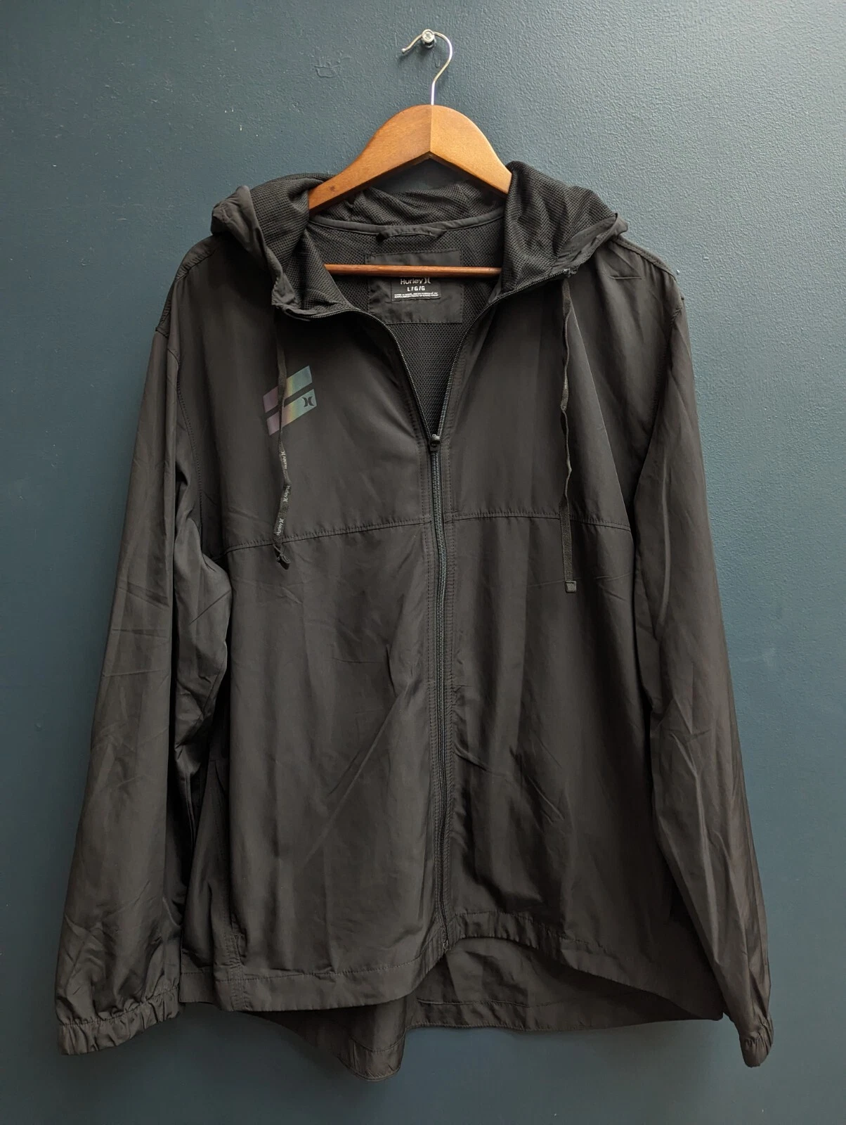 Hurley Mens Black Full Zip Hooded Skateboard Jacket Windbreaker - Size Large