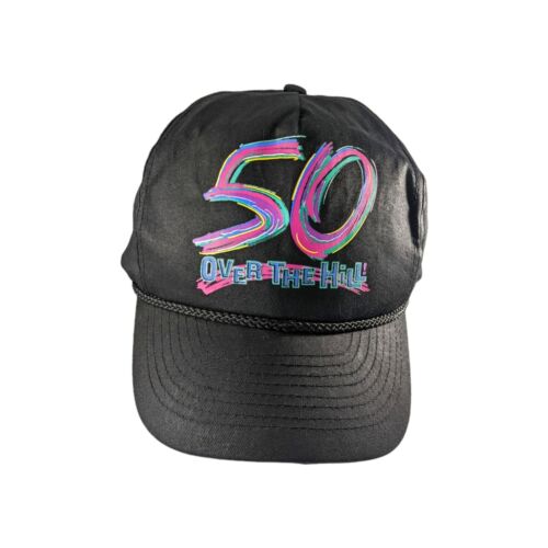 Vintage 50. urodziny "50 Over The Hill" Neonowy tekst Czarna czapka z daszkiem z daszkiem zatrzaskowym z tyłu - Zdjęcie 1 z 6