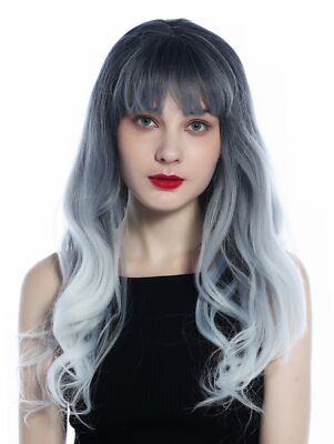 Perücke Damen lang wellig wilder Pony Ombre Balayage Schwarzblau Grau Weiß wig