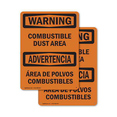 (2 Pack) Combustible Dust Area Bilingual OSHA Warning Sign Decal Metal Plastic