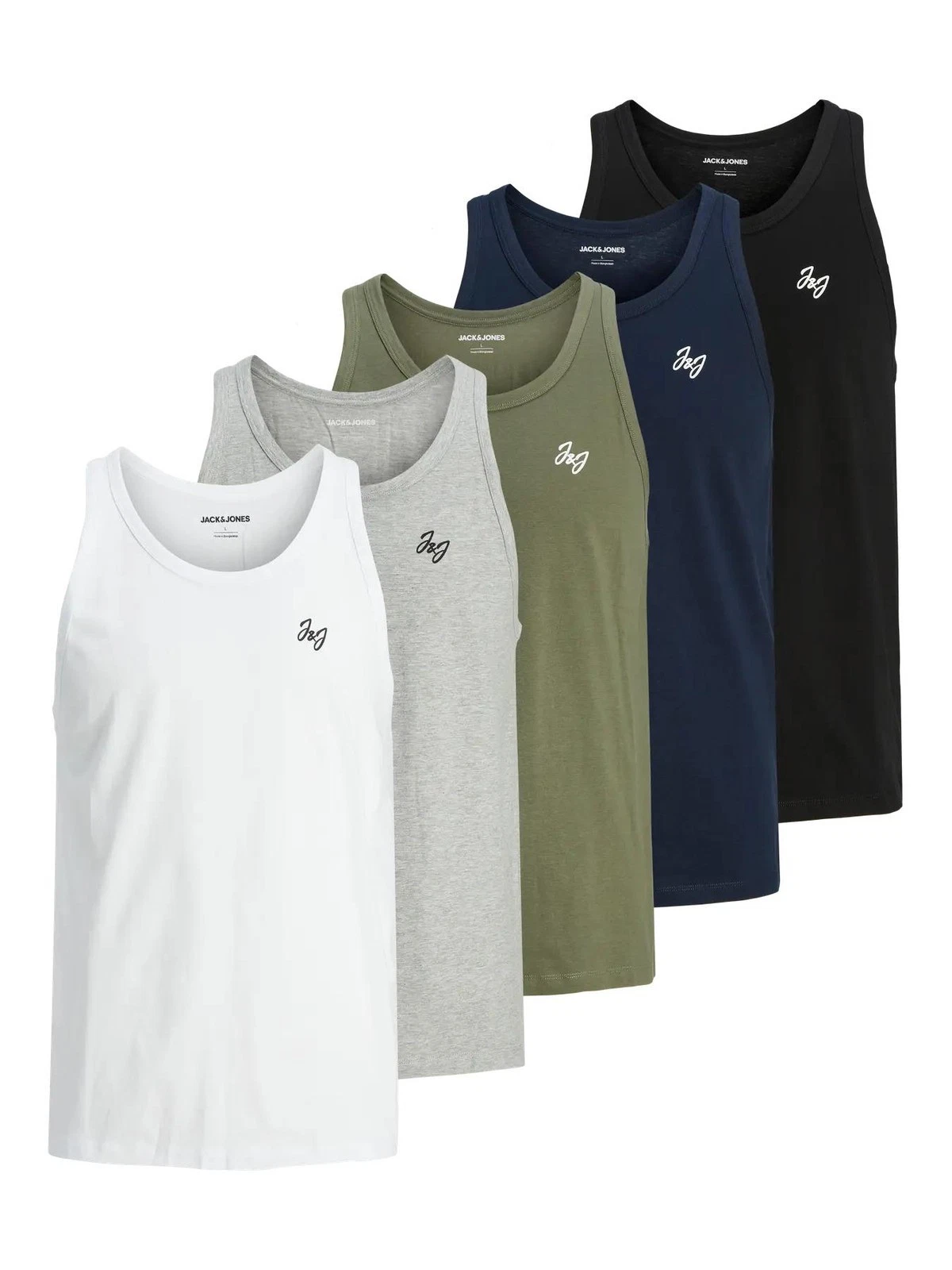 Jack & Jones 5 Pack Mens Sleeveless Tank Top Cotton Regular Fit Crew Neck Vest