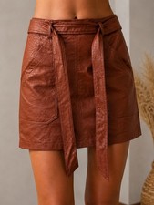 Shinestar Women  s Brown Croc Embossed Faux Leather Mini Skirt Size M Belted