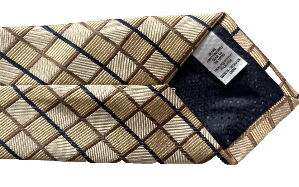 Corbata Sears Poli Dorado y Beige/Marrón Claro Cuadros 62x3 1/4" Foto 2 de 4