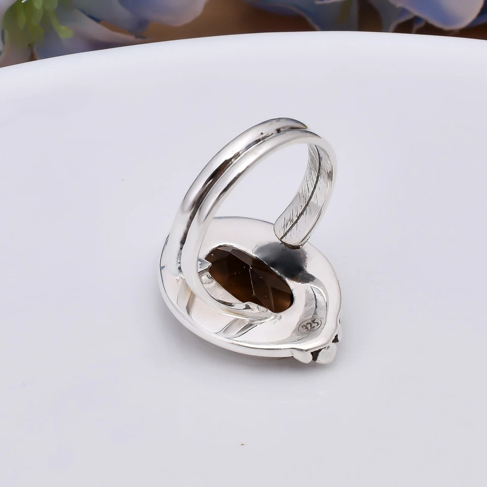 Anillo atractivo ajustable de plata de ley 925 maciza con piedras preciosas de cuarzo ahumado V5973 Foto 4 de 4