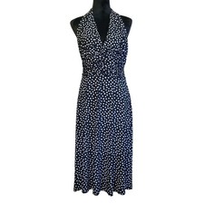 Jones Studio Polka Dot Babydoll Halter Midi Dress Womens 14 Black Retro Romantic
