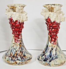Vintage Ceramic Drip Glaze Vases Pair Grapevine Motif Red Grapes