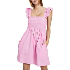 French Connection Pink Ruffle Smocked Mini Dress Cotton Size 2 (XXS/US 2)