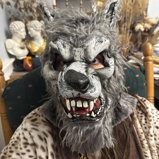 Werewolf w/ Fangs Tongue Mask Adult Full Head Gray Wolf Scary Fur Furry Cosplay