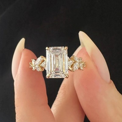 14K Gold IGI Certified 2.90 TCW Emerald Lab Grown Diamond Nature Inspired Ring