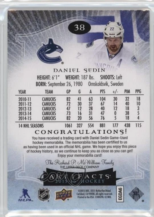 2015-16 Upper Deck Artifacts Materials /125 Daniel Sedin #38 HOF - Image 2 of 2