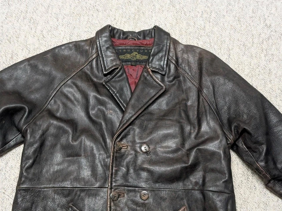 1990s vintage PATINA semi-distressed PEACOAT leather jacket L brown MAD MAX usn - Image 4 of 4