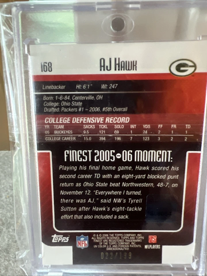 2006 Topps Finest- Rookie Signatures A.J. Hawk RC Auto 22/199 - Image 2 of 4