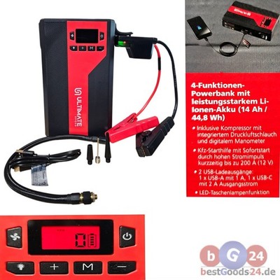 4in1 Autostarthilfe mit Kompressor, Powerbank & LED-Licht 12V Kfz Starthilfe