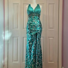 Vintage Y2K Silver Teal Beaded Sequin Gown Sz 0 Mermaid Fairy Formal Prom Dress