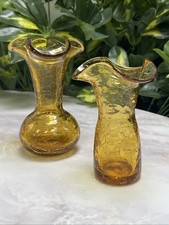 Vintage 5” Amber Crackled Glass Bud Vases. Ruffle Rim. Unmarked. You Get Both.