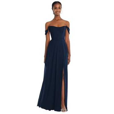 After Six Lux Chiffon Midnight Off-The-Shoulder Basque Neck Maxi Dress SZ 8 NWOT